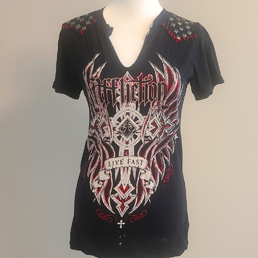 Affliction "Live Fast" Black With Embellishments Short Sleeve Tee